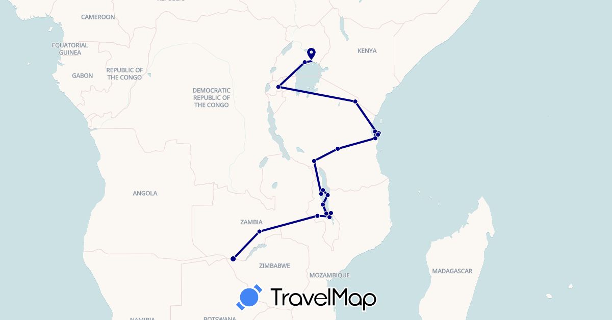 TravelMap itinerary: driving in Malawi, Rwanda, Tanzania, Uganda, Zambia (Africa)
